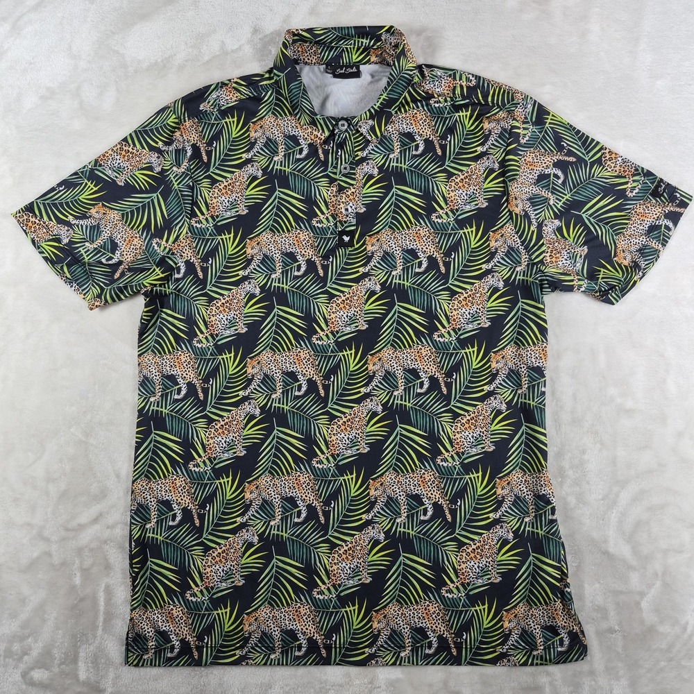 Bad Birdie Polo Shirt Men's Large Green Performance Golf Jungle Cheetah Leaf